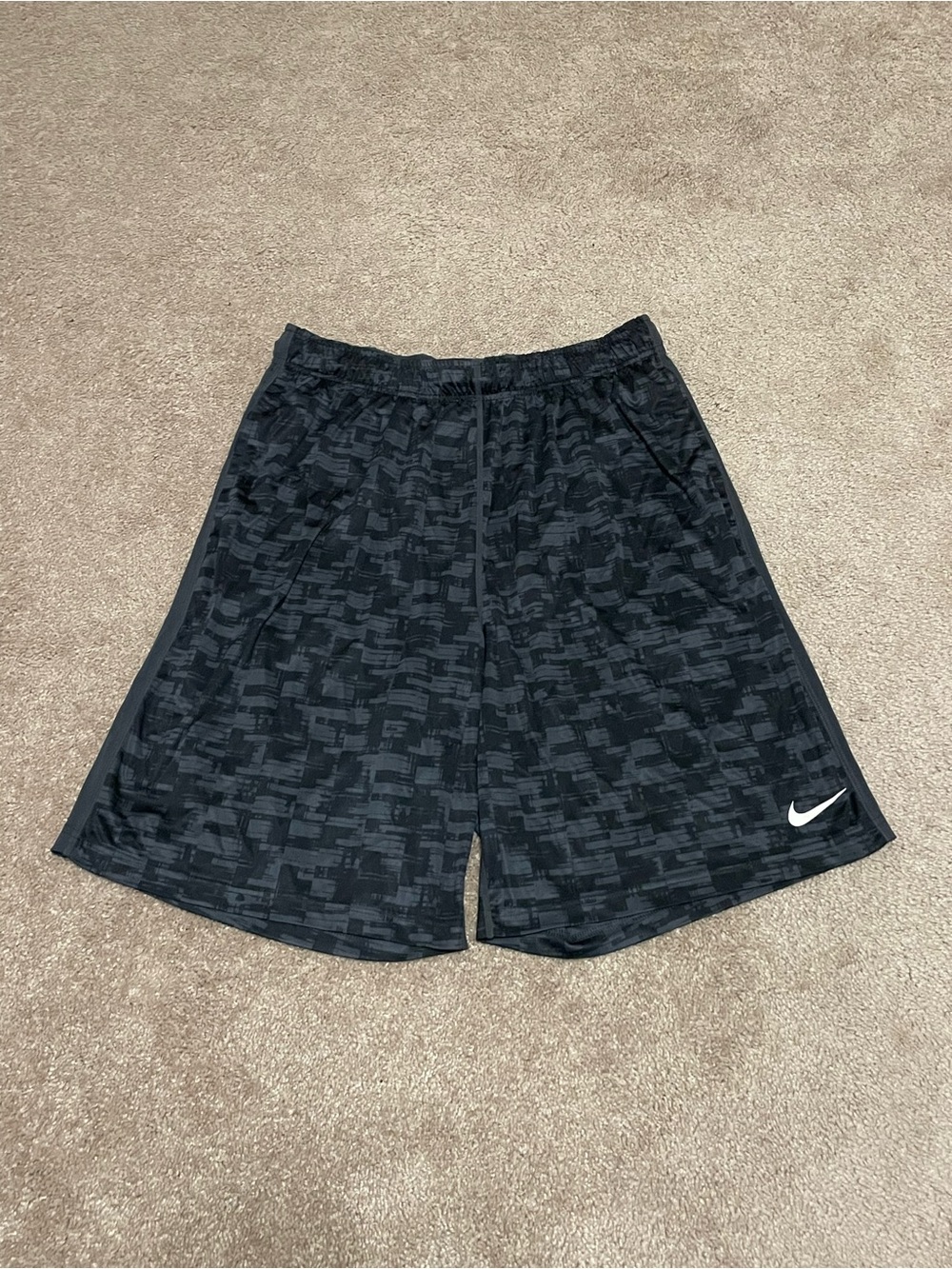 Nike Men's Black Geometric Athletic Shorts with White Swoosh
